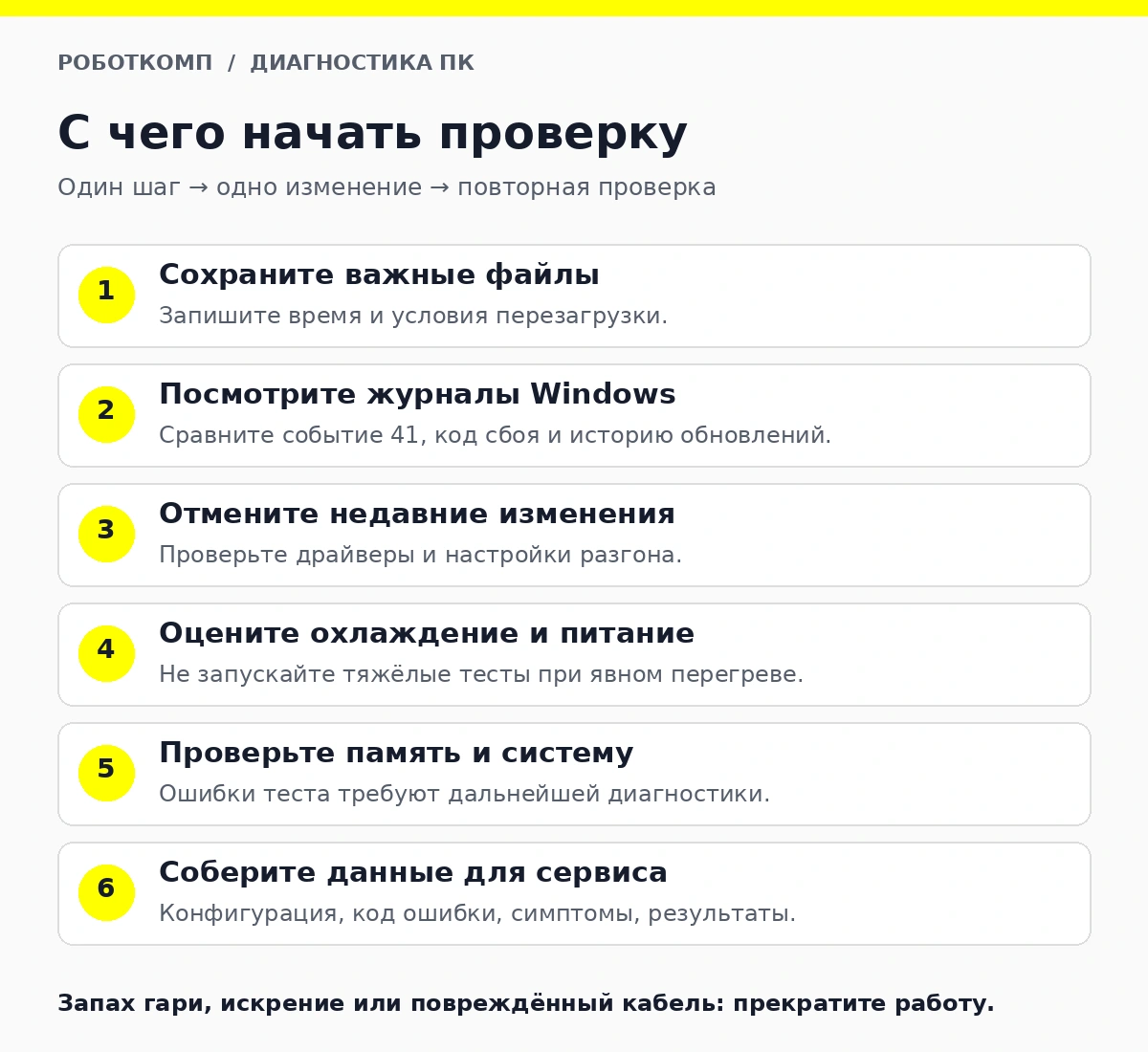 Порядок диагностики самопроизвольной перезагрузки: данные, журналы Windows, недавние изменения, охлаждение, память и сервис