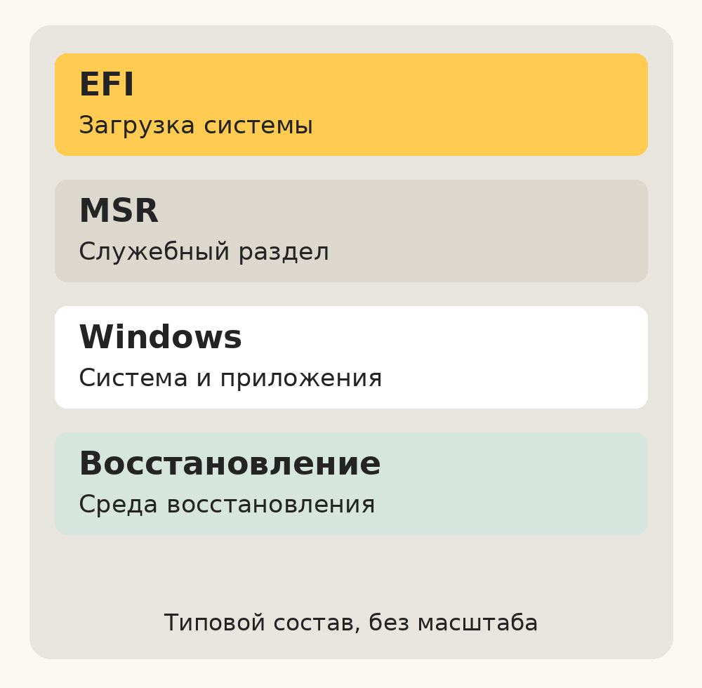 Типовая структура диска UEFI/GPT: EFI, MSR, Windows и раздел восстановления