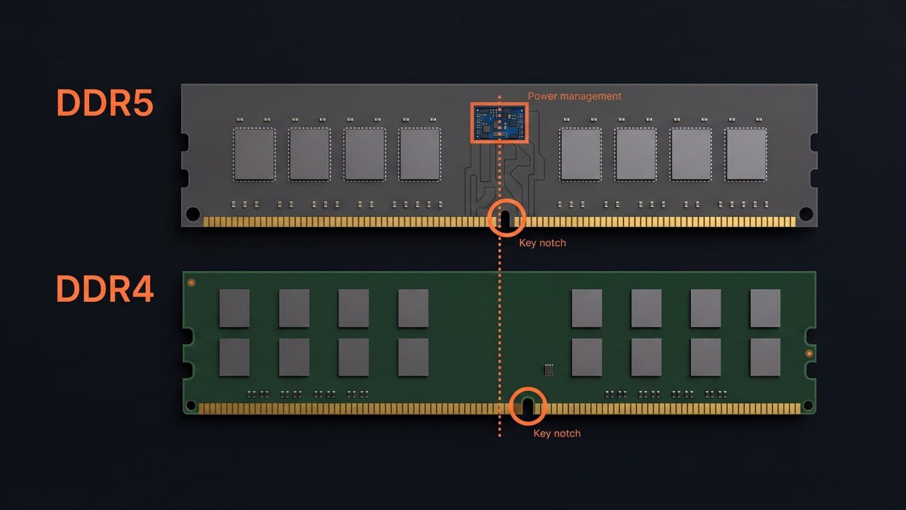 Сравнение модулей DDR5 и DDR4: положение ключа-выреза и микросхема PMIC