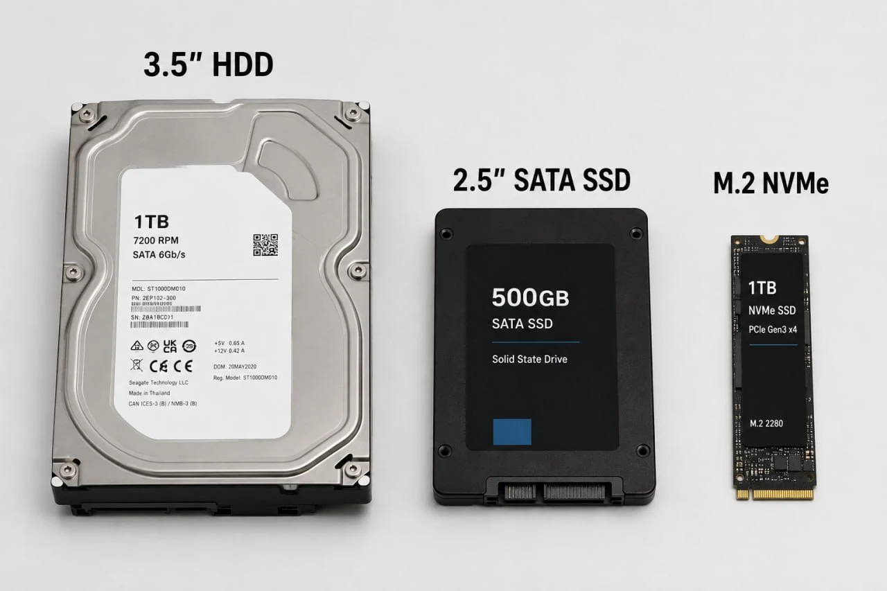 Сравнение накопителей: 3.5-дюймовый HDD, 2.5-дюймовый SATA SSD и M.2 NVMe