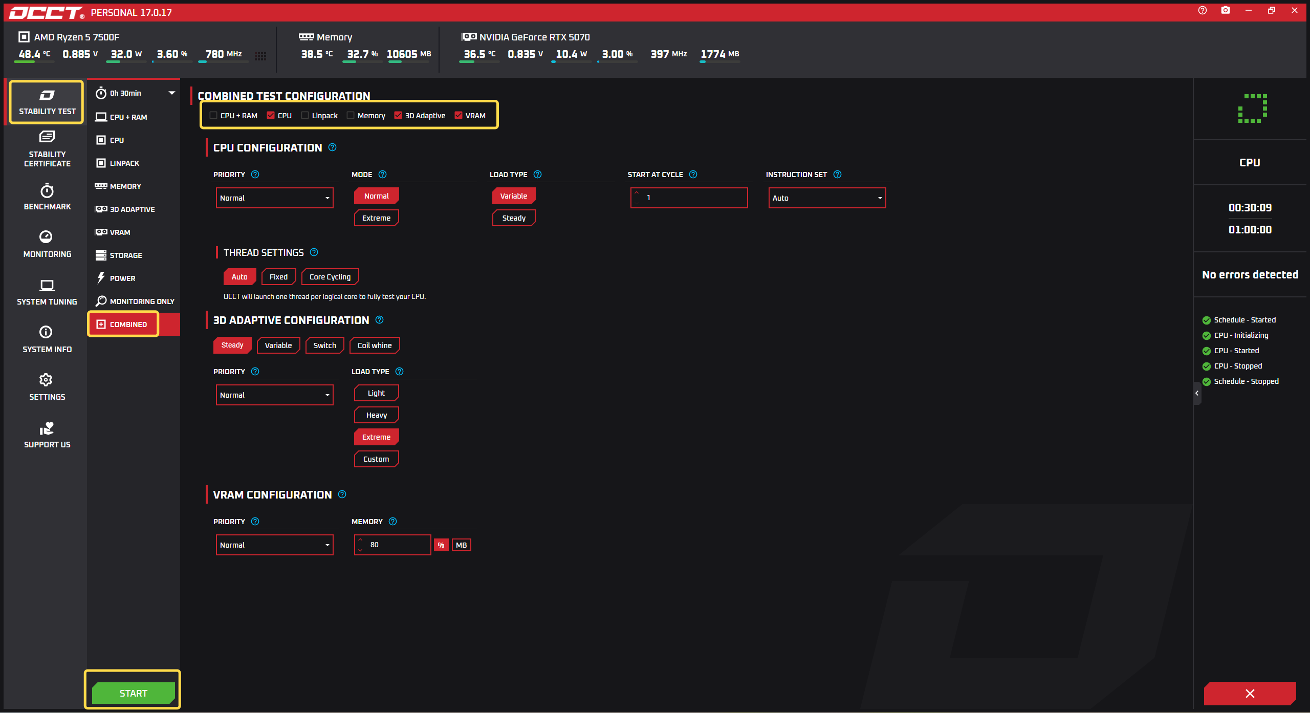 Комплексный стресс-тест CPU, 3D Adaptive и VRAM в OCCT